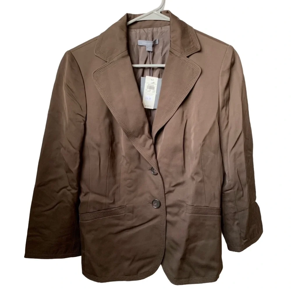 ANN TAYLOR Womens Brown Sateen 3/4 Sleeve Button Front Rayon Cotton Lined Blazer